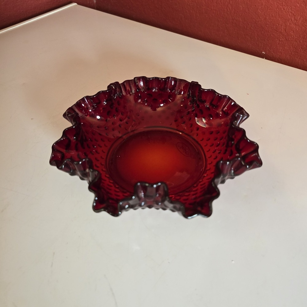 VINTAGE FENTON DEEP RUBY HOBNAIL RUFFLE‎ TOP CANDY DISH EXCELLENT COND